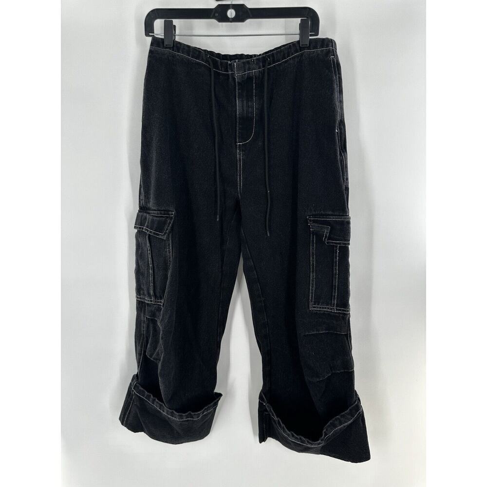 Cider Cargo Jeans Pants Women’s Sz 30 Baggy Black Cuffed Grunge Wide Leg Pull On